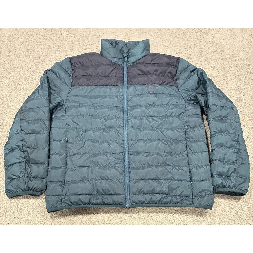 True Religion Jacket Mens Medium Blue Puffer Quilted Insulated Full Zip Logo